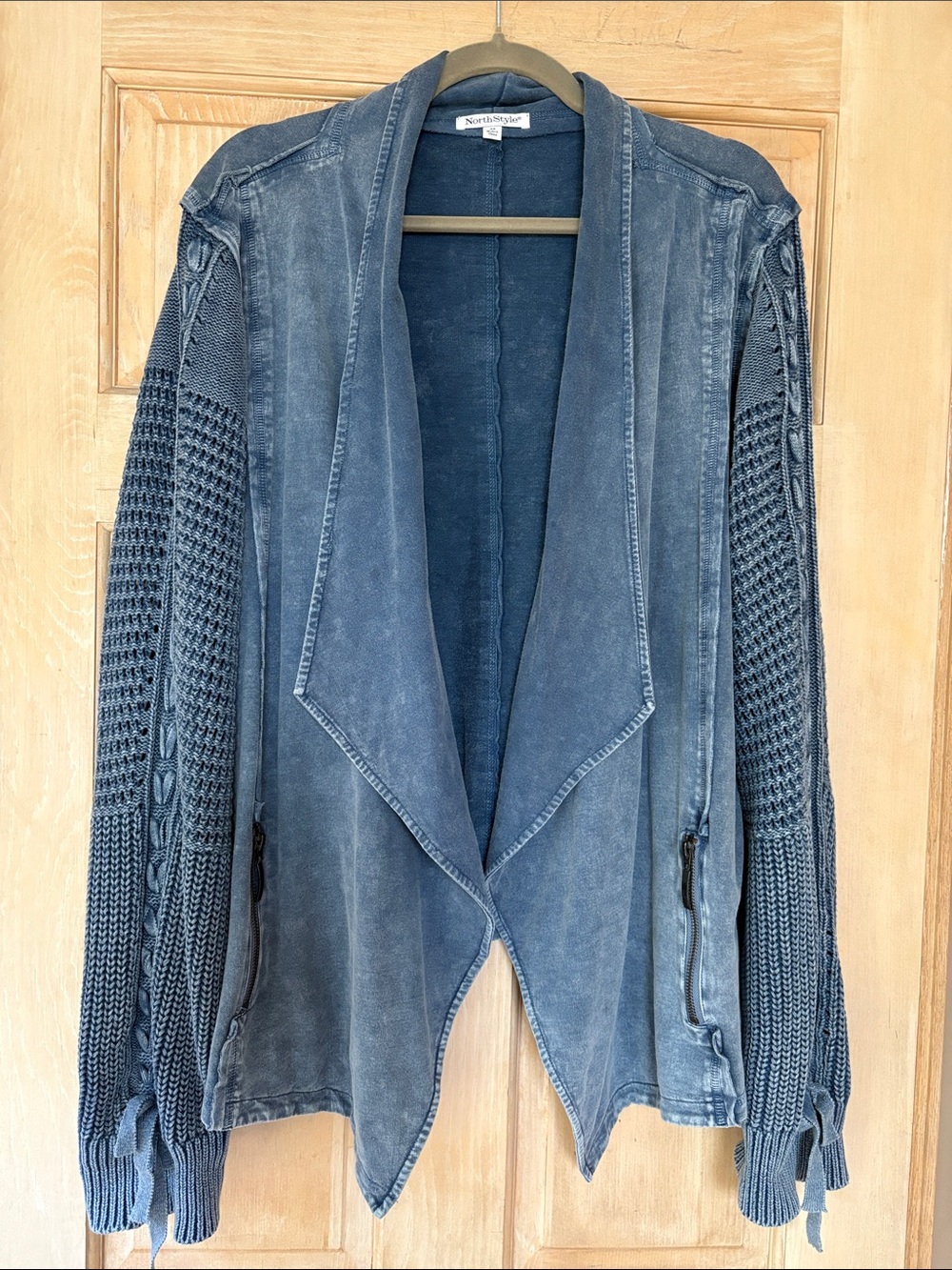 NorthStyle Washed Blue Open-Front Knit Sleeve Cardigan 3X
